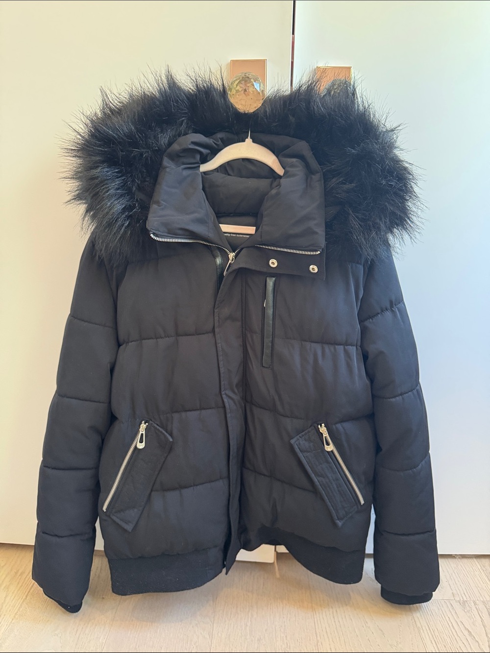 Noise Black Puffer Jacket with Vegan Fur Hood